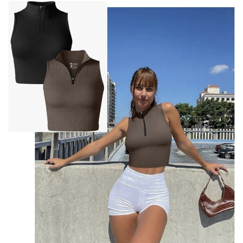 2-Pack Women's Tank Crop Tops Small Size Sleeveless Zip Close Shirts Back Brown